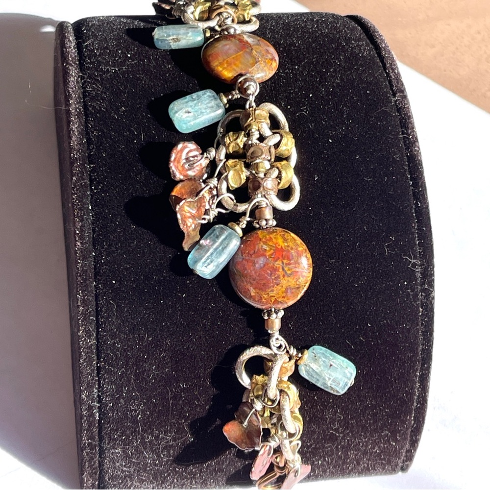 Vintage Handmade Beaded Bracelet Pietersite Kyanite Sterling Silver Brass